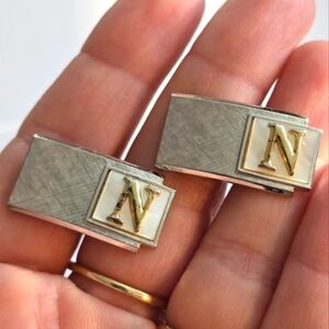 Vintage cuff links letter N silver tone gold tone initial alphabet monogram